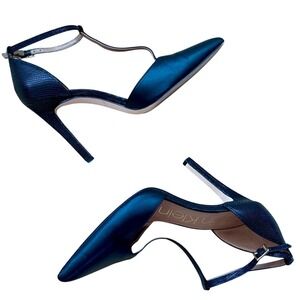 Calvin Klein Women's Black Faux Snake/Leather T Strap Pointed Toe Stilettos Sz9